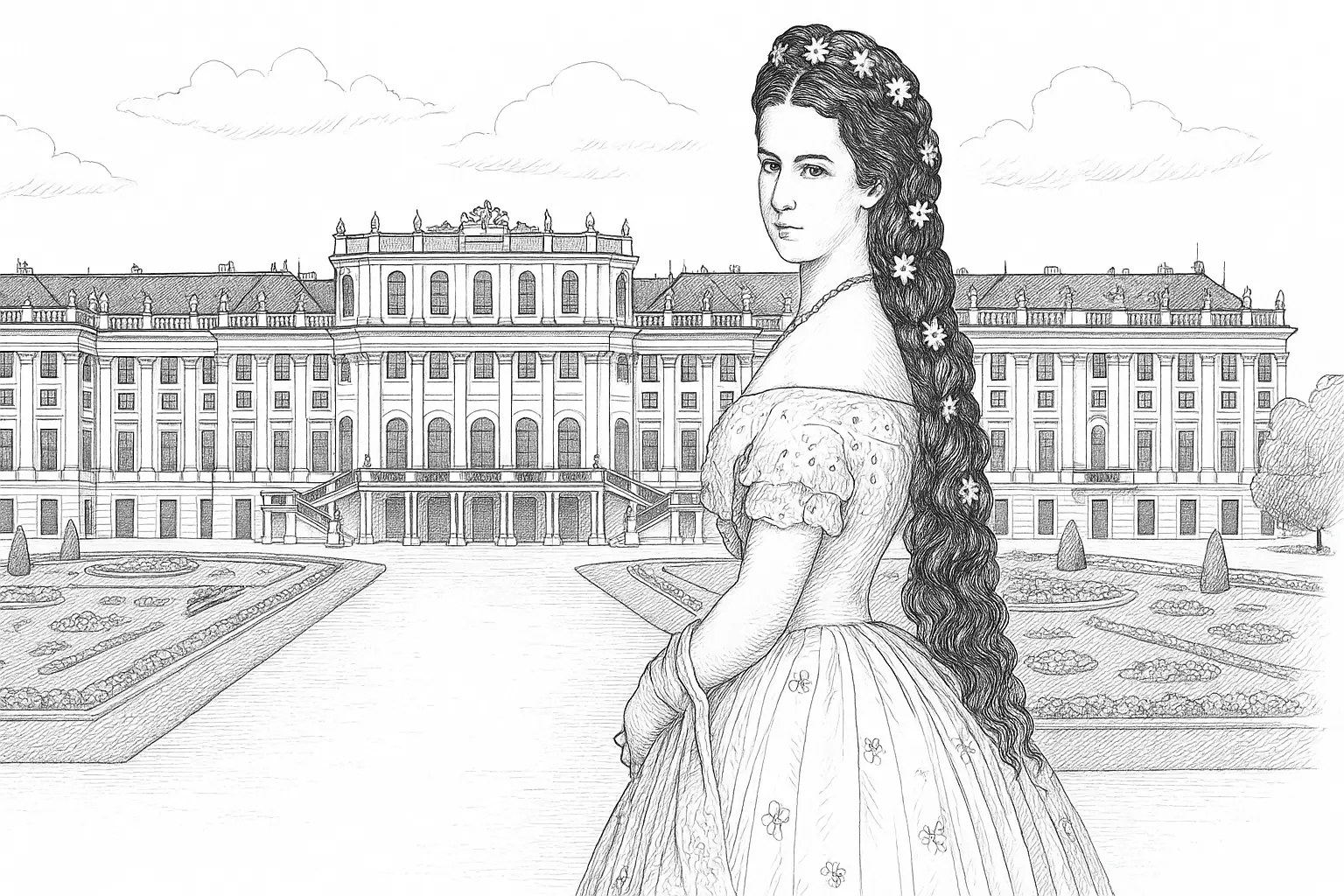 Historisches Ausmalbild: Sisi vor Schönbrunn gestalten