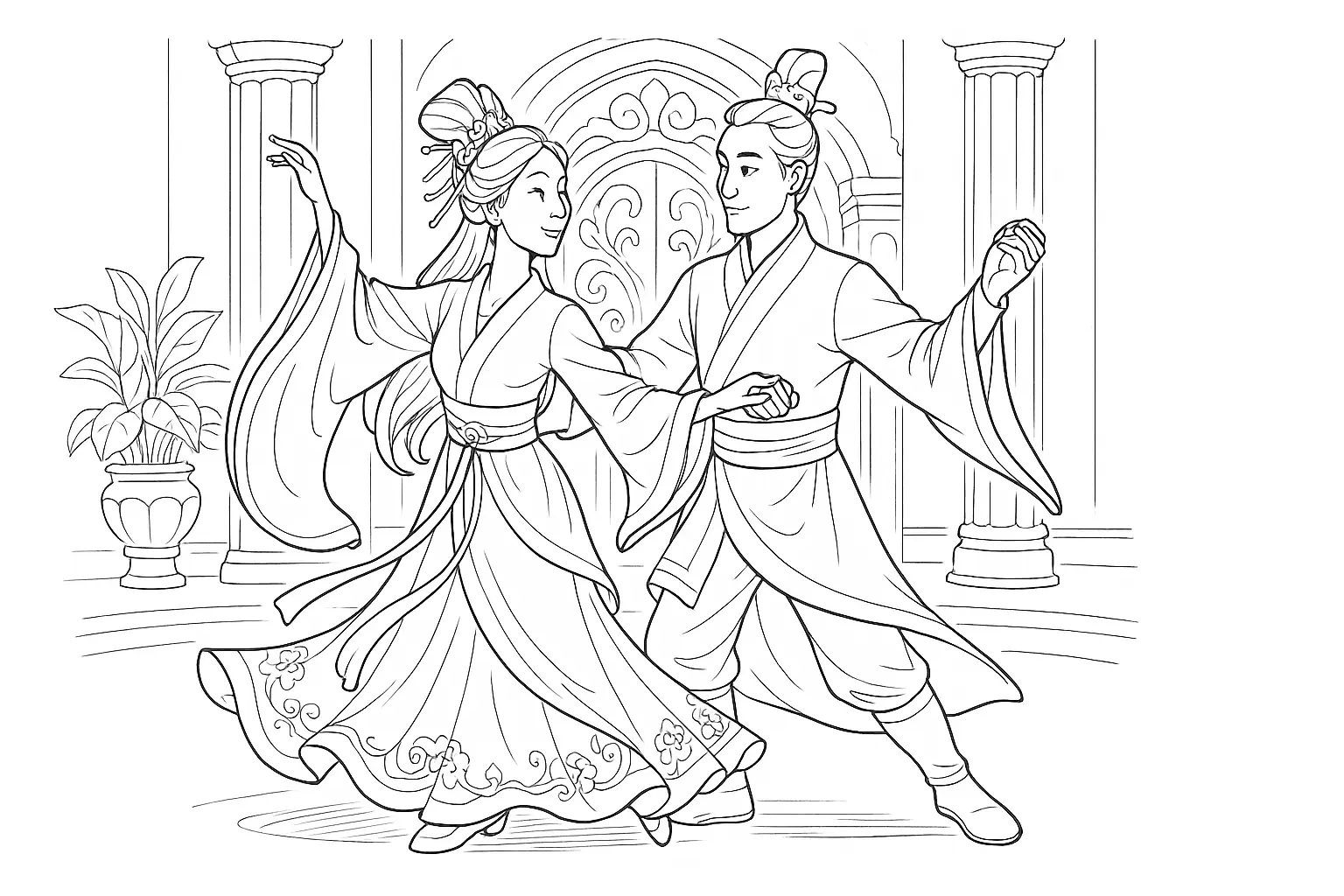 Historische Tanzszene – Ausmalbild mit Säulen und Bewegung