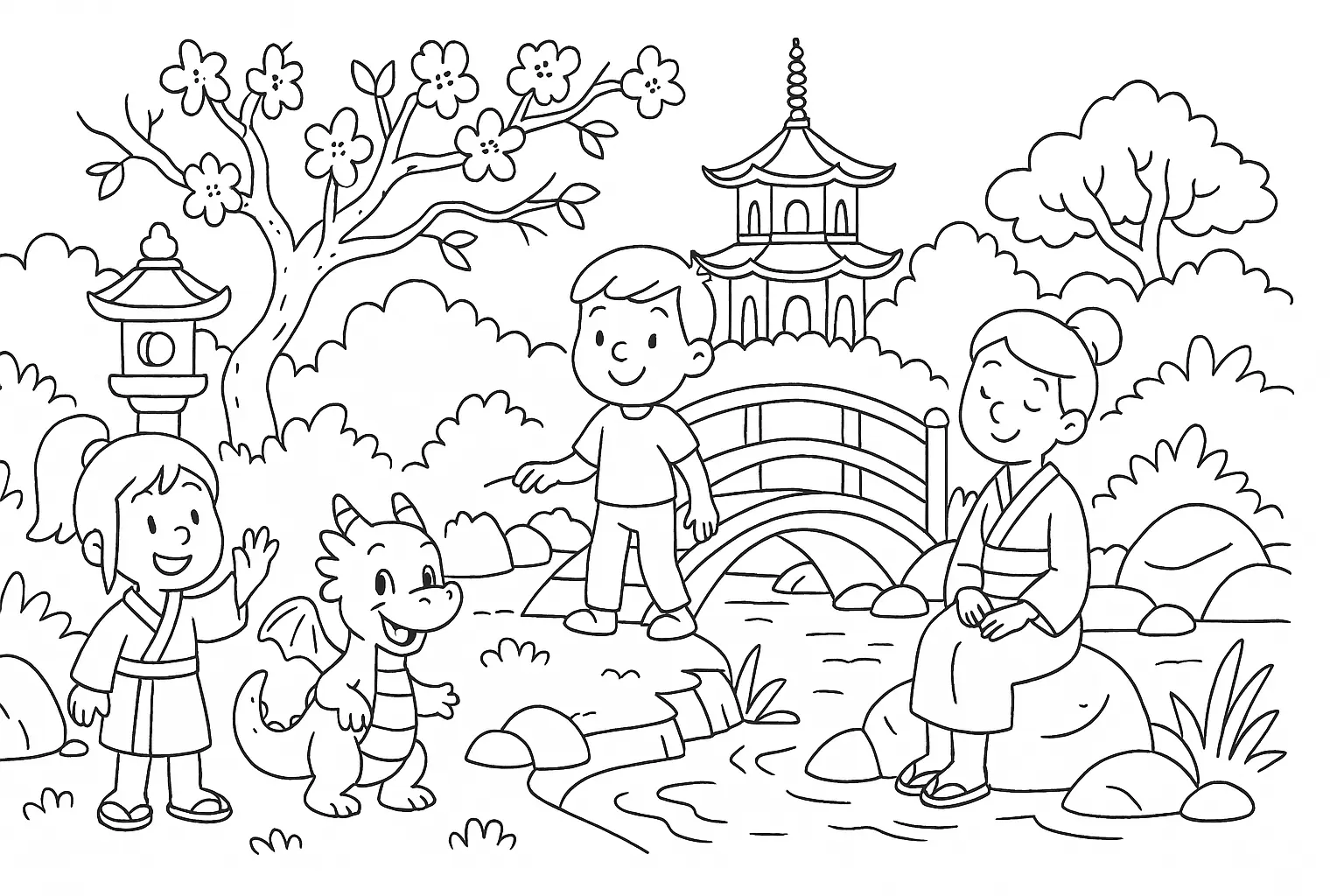 Japanischer Garten Ausmalbild – mit Kindern und Drache