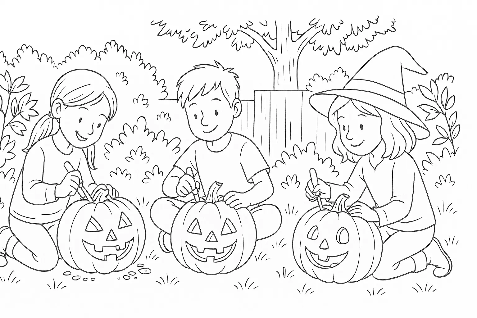 Kinder schnitzen Halloween-Kürbisse – PDF-Ausmalbild