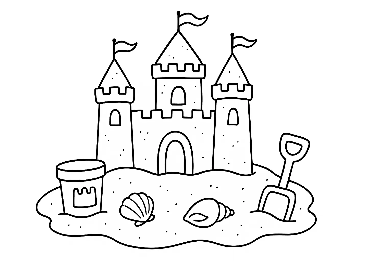 Kinder-Ausmalbild mit Muscheln, Sandburg und Flaggen