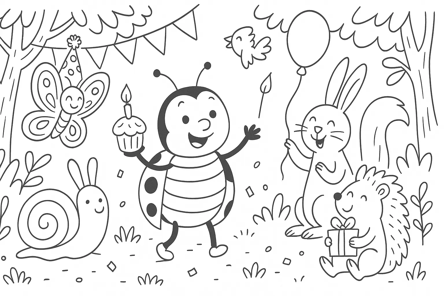 Marienkäfer feiert Geburtstag – Ausmalbild mit Tieren & Spaß