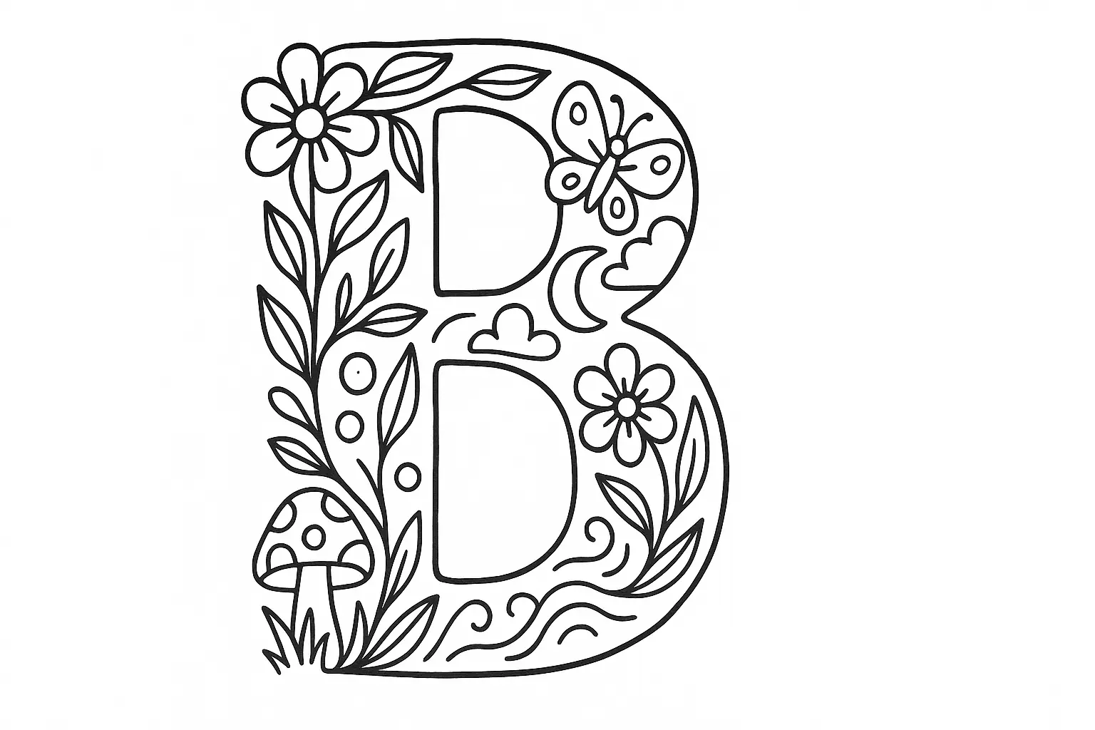 Buchstabe B Ausmalbild – Natur-Motiv im Alphabet-Design