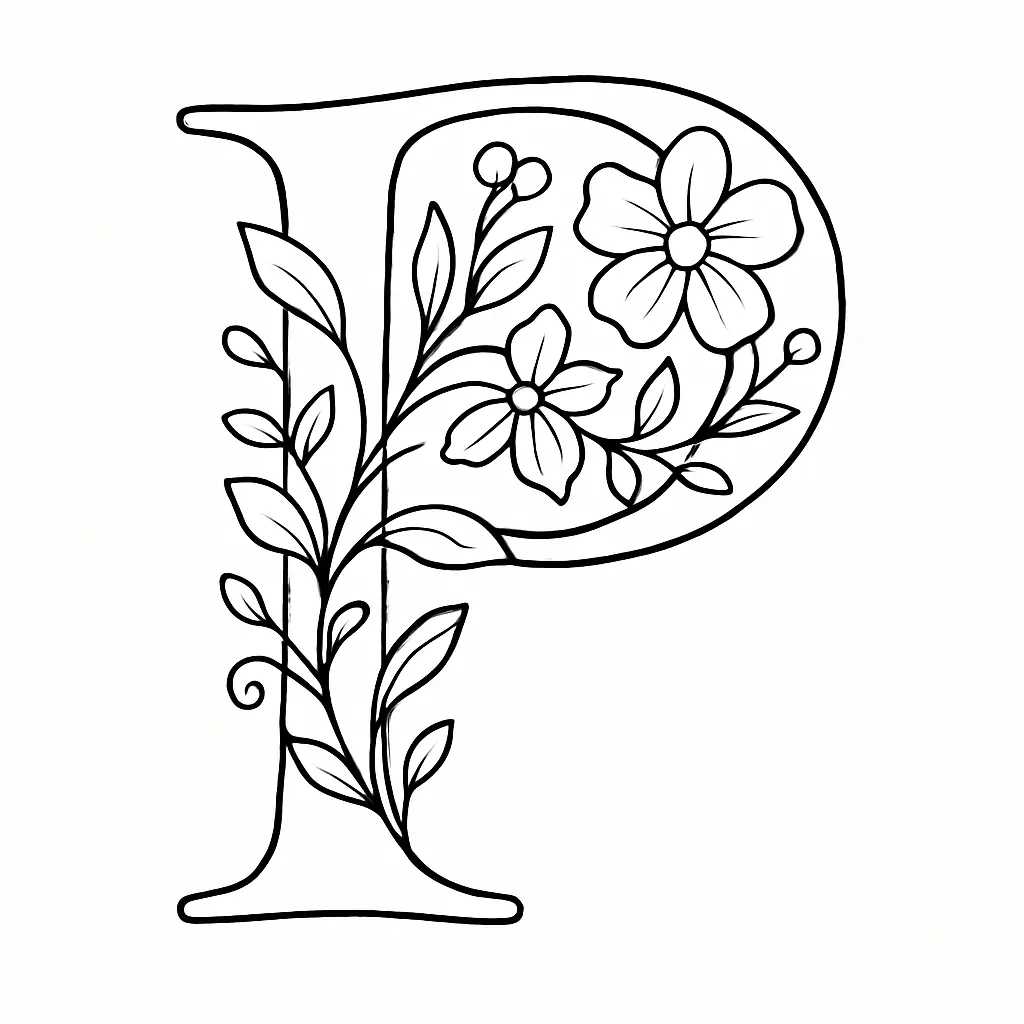 Buchstabe P mit Blumen – Ausmalvorlage zum Ausdrucken gratis