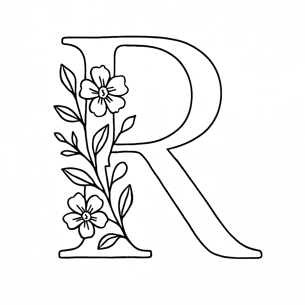 Buchstabe R Ausmalbild – mit Blumen verziert als PDF