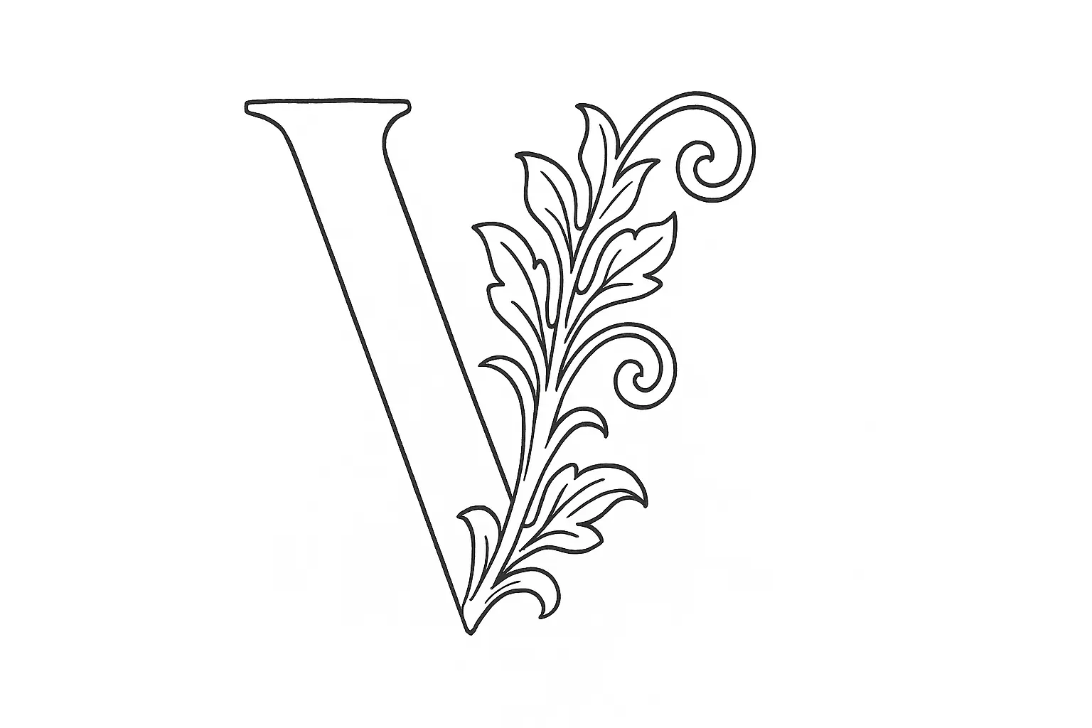 Ausmalbild Buchstabe V – verziert mit floralen Ornamenten