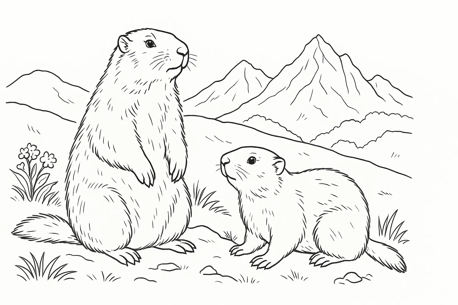Marmots Coloring Page: Calm Mountain Scene