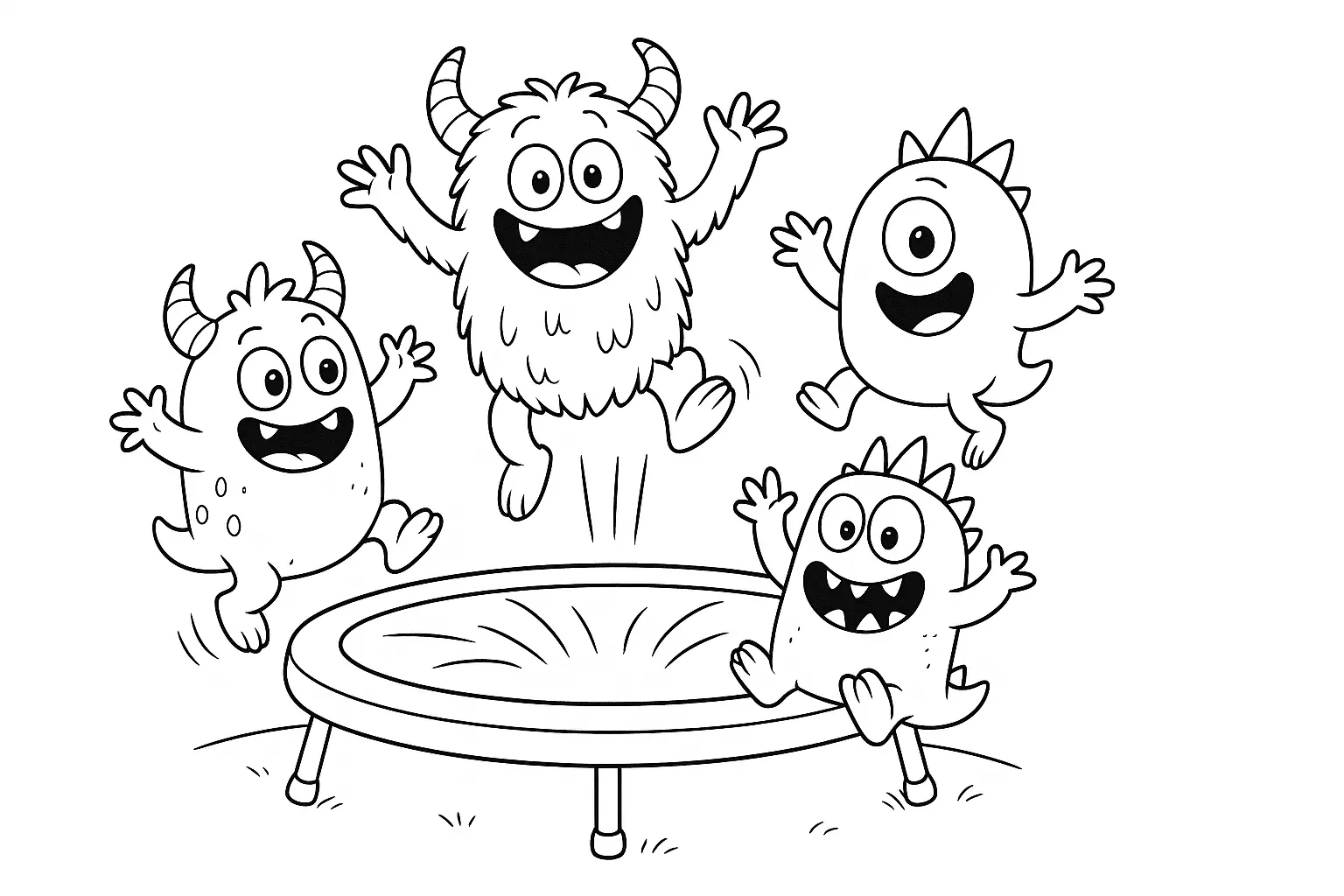 Monster auf Trampolin – lustiges Ausmalbild für Kinder