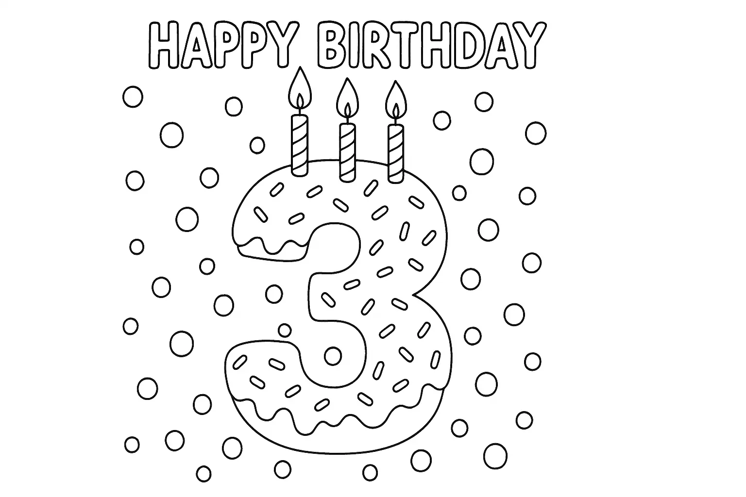 Zahl 3 mit Kerzen – Ausmalbild für den dritten Geburtstag