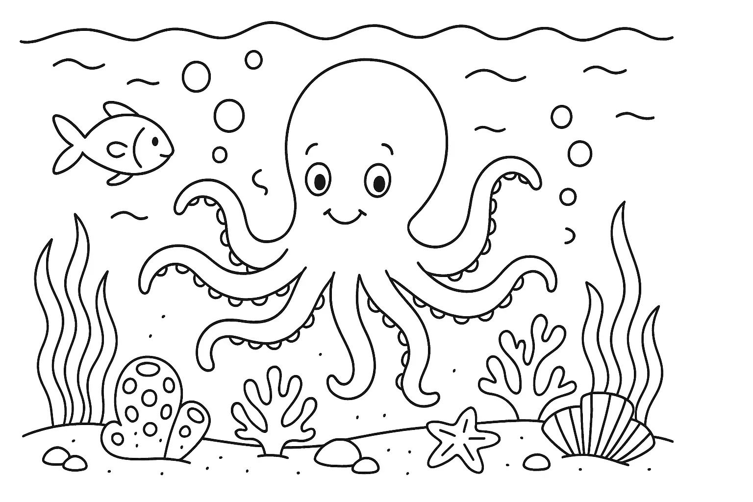 Oktopus unter Wasser – Ausmalbild als PDF-Motiv für Kinder