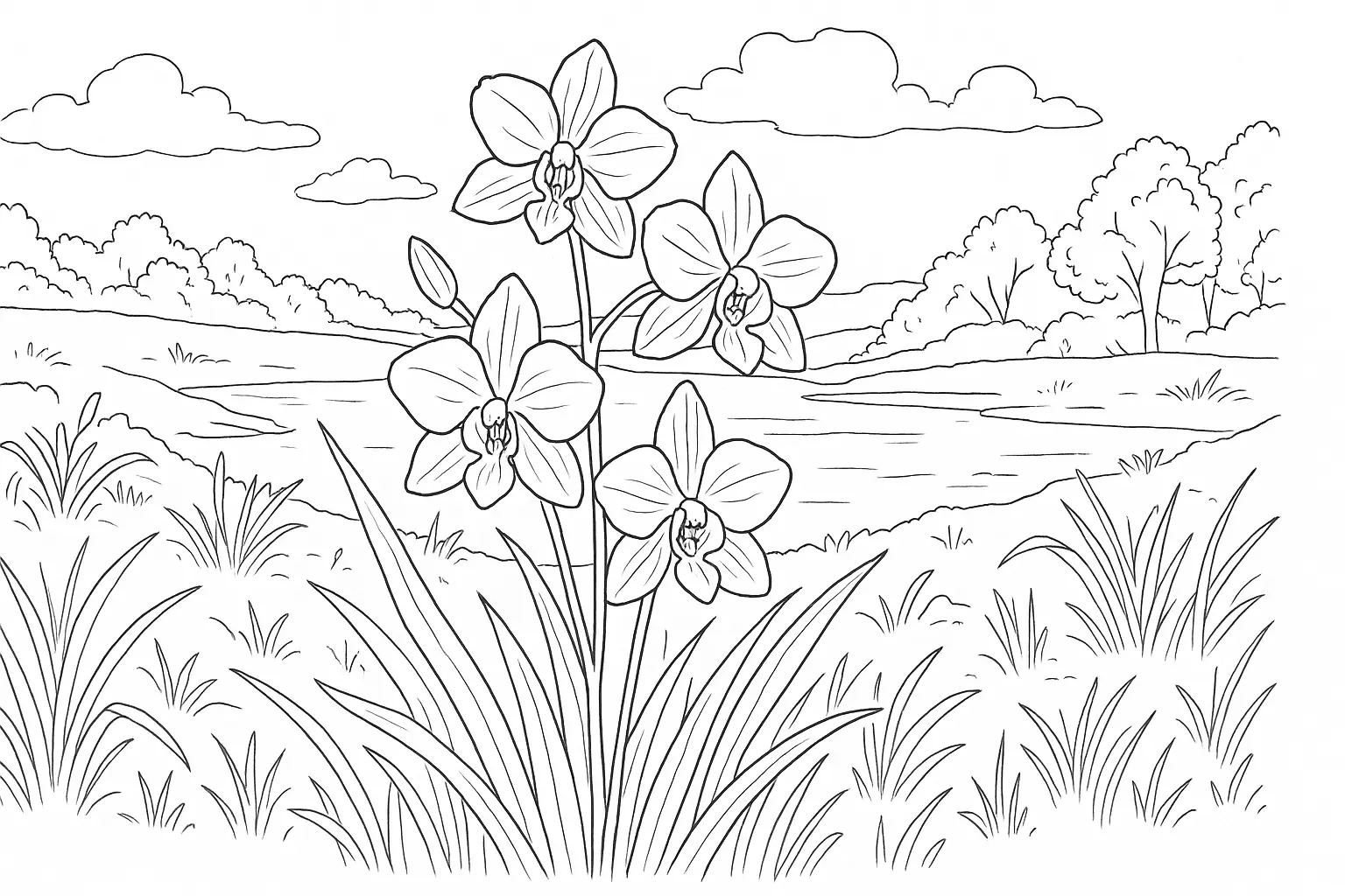 Orchidee Ausmalbild – Blume in natürlicher Umgebung