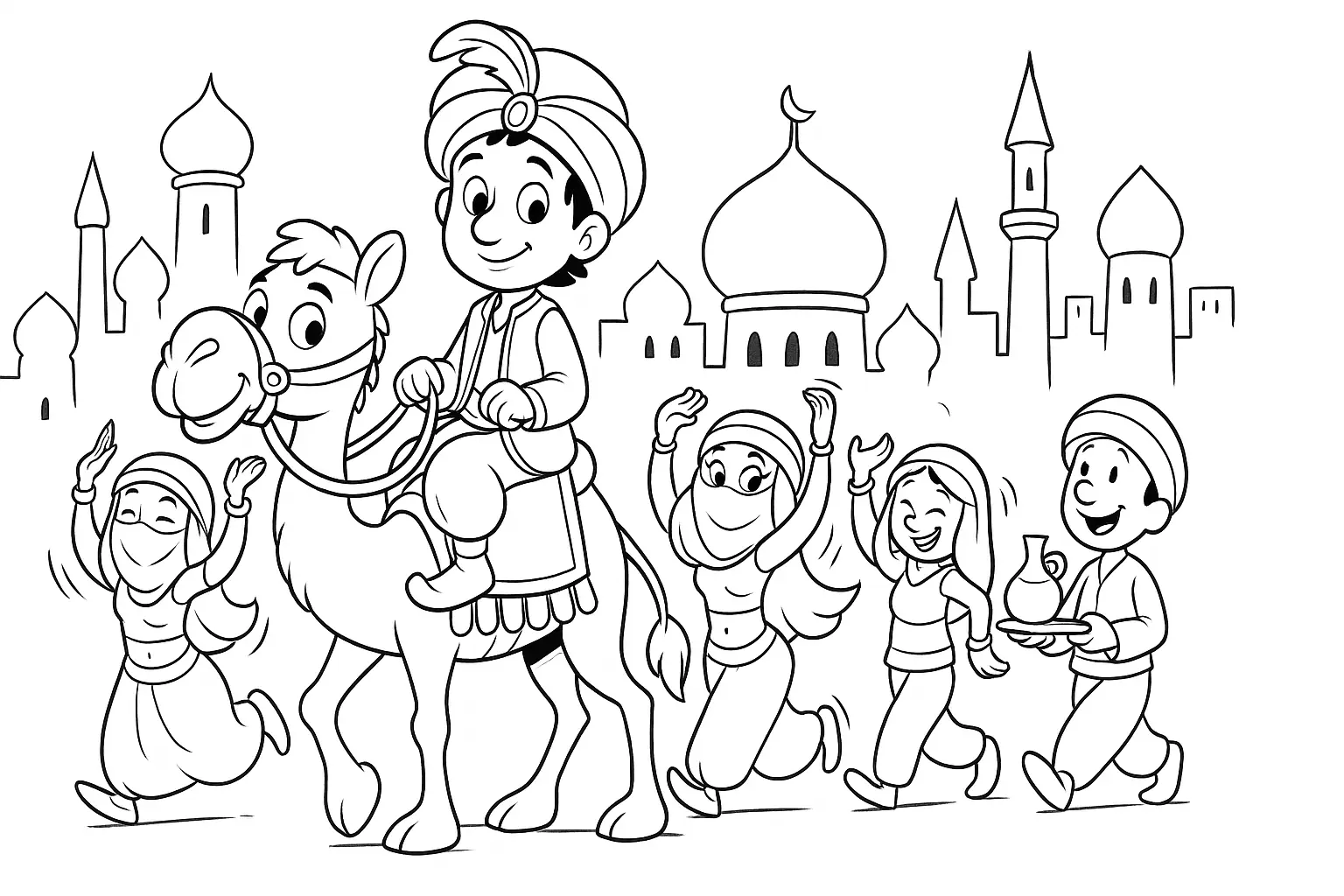 Orientalischer Festzug mit Kamel – PDF-Ausmalbild für Kinder