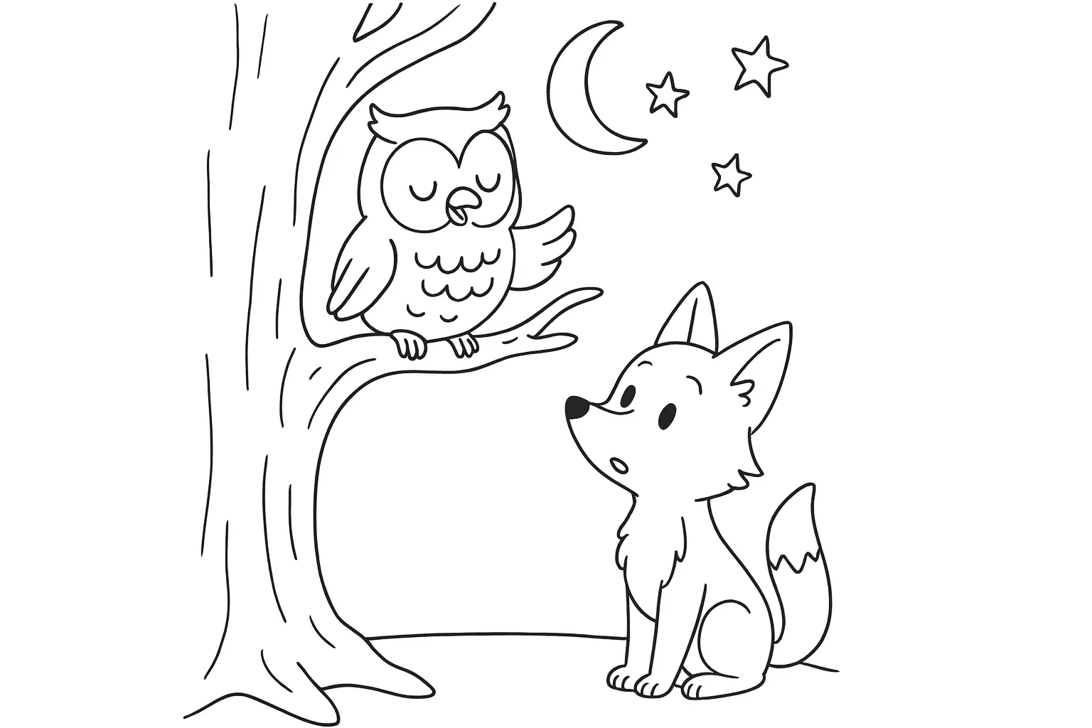 Owl and Fox Coloring Page – PDF Template for Kids