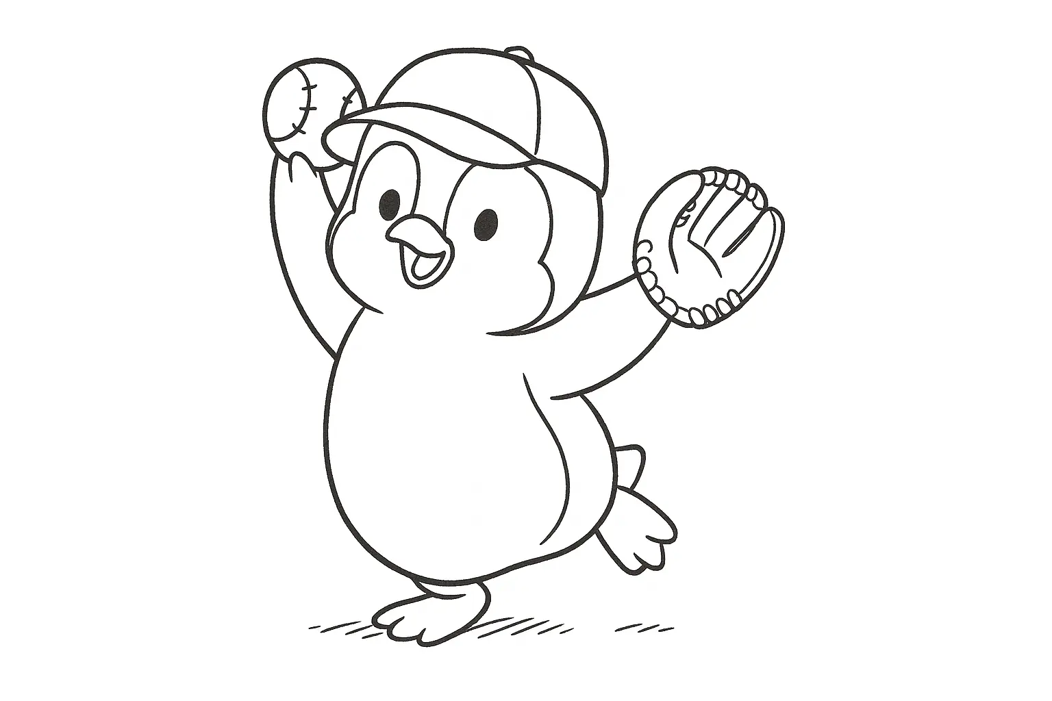 PDF-Malvorlage: Pinguin mit Kappe, Ball und Baseballhandschuh