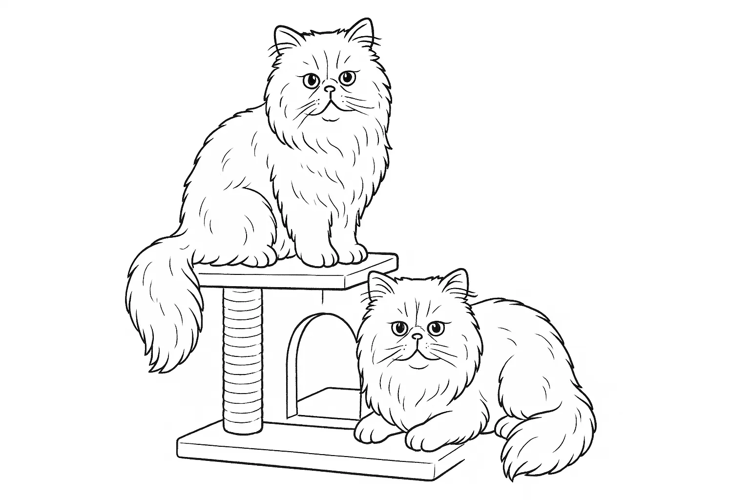 Perserkatzen am Kratzbaum – Ausmalbild für Katzenfreunde