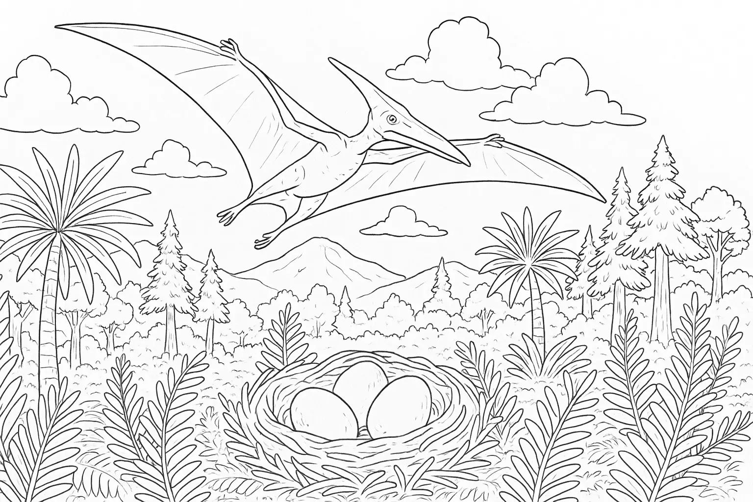 Pteranodon mit Nest – Urzeitmotiv als Ausmalvorlage drucken