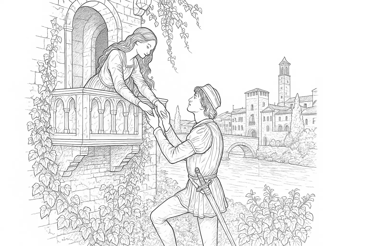 Ausmalbild Romeo und Julia – Szene aus Verona kolorieren