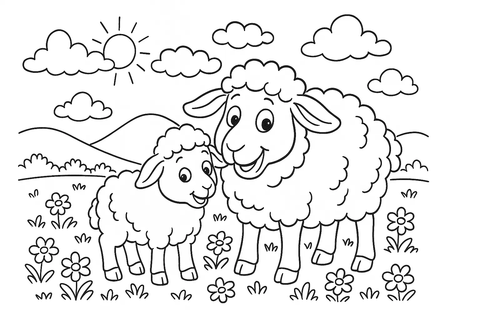 Schafe auf der Wiese – süßes Ausmalbild für Kinder