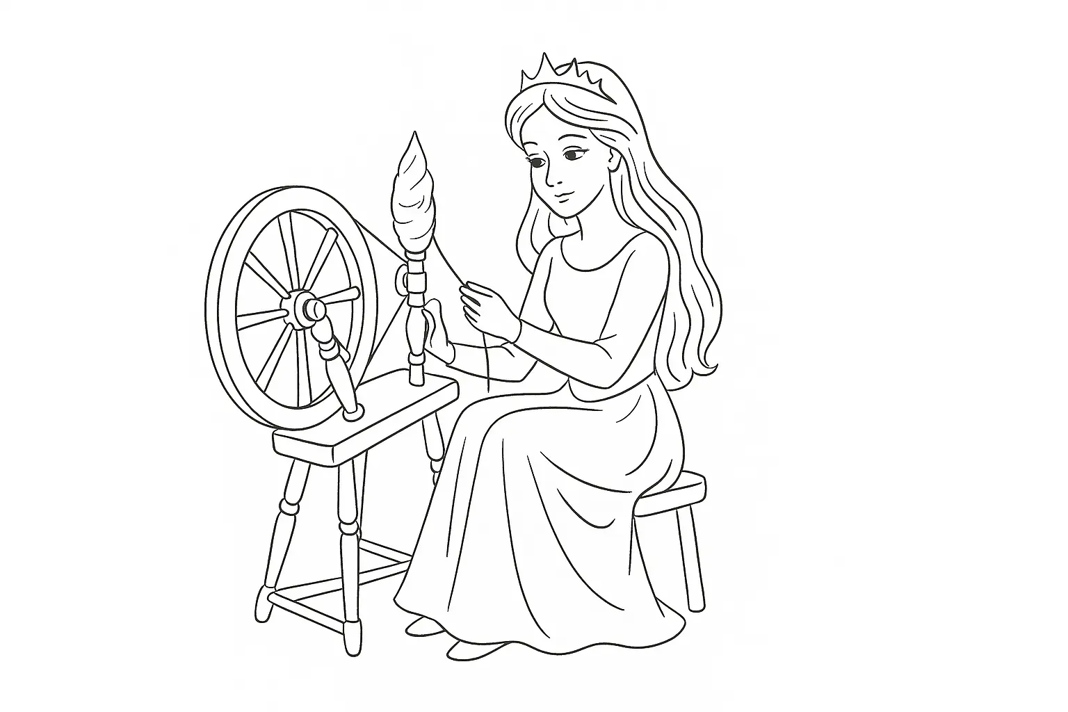 Dornröschen am Spinnrad – klassisches Ausmalbild für Kinder
