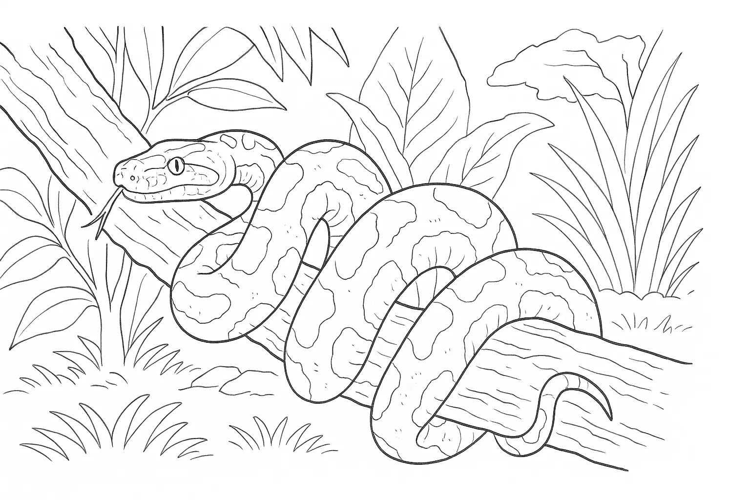 Schlange im Regenwald – Malvorlage mit Tropenmotiv
