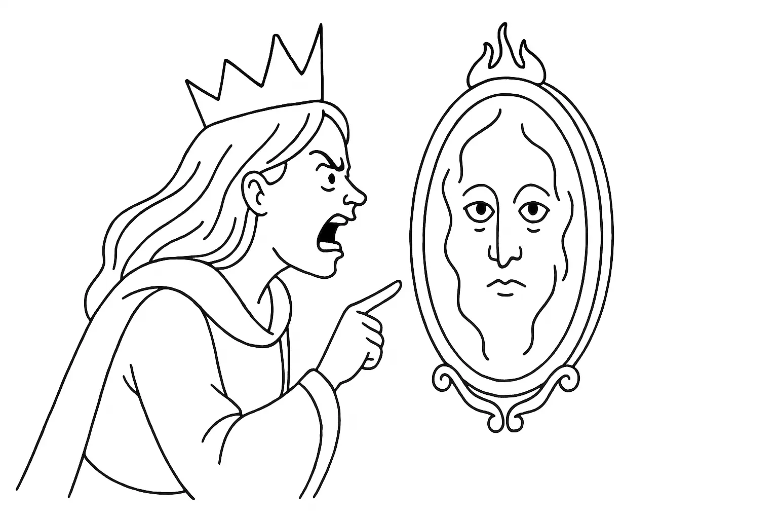Schneewittchen-Ausmalbild – Königin mit Spiegel (PDF)