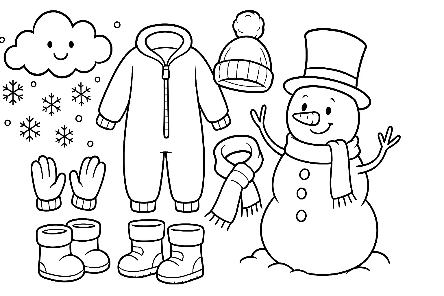 Schneemann und Winterkleidung – Malvorlage für Kinder