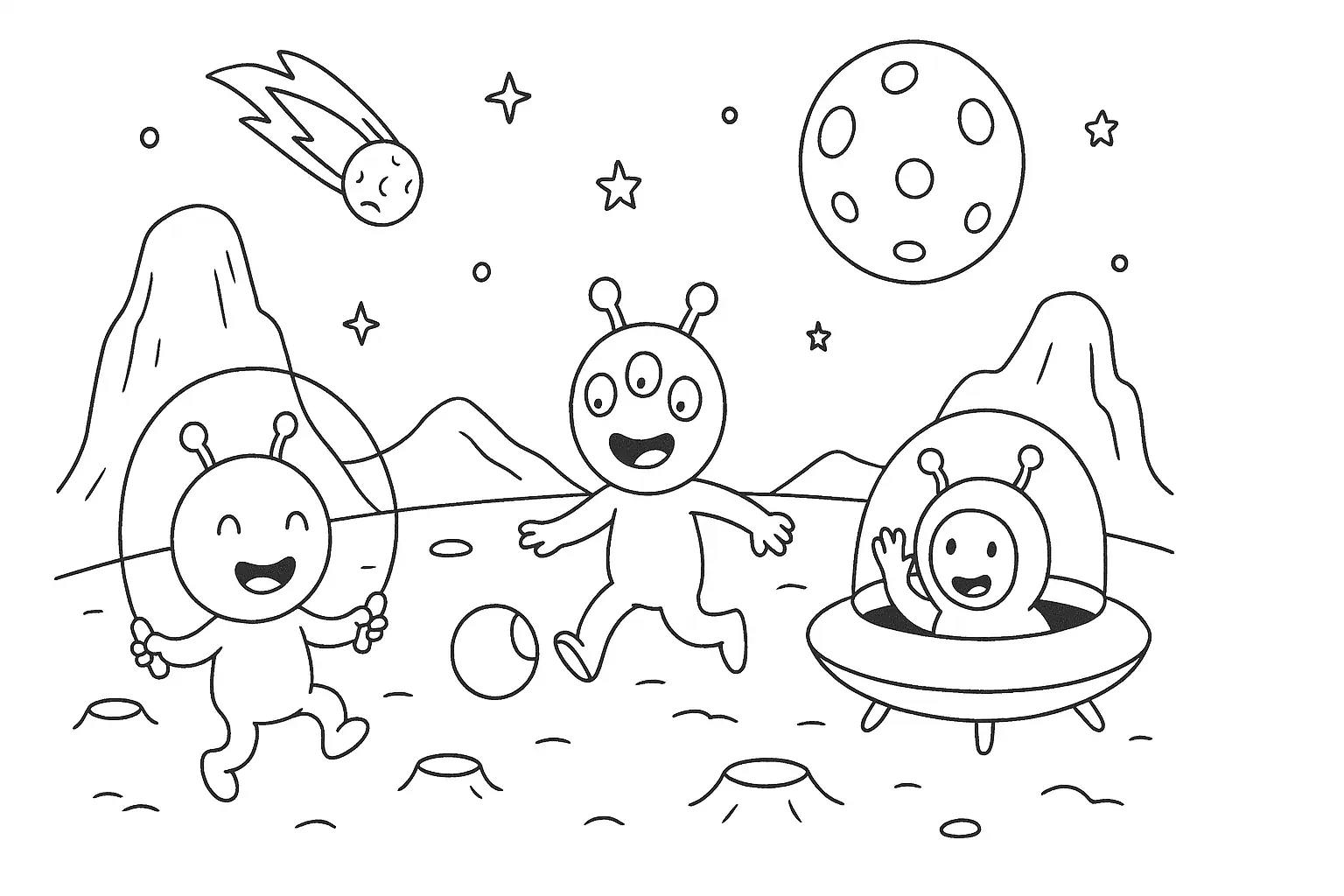 Weltraum-Malvorlage: Aliens mit Raumschiff und Meteorit