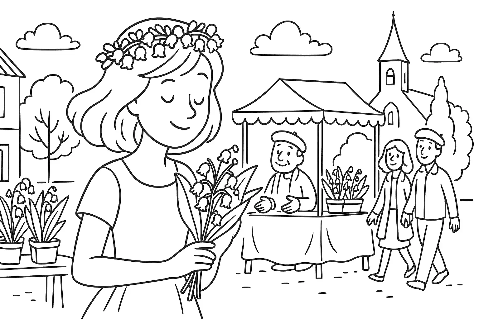Frühlingsmarkt Ausmalbild – Maiglöckchen-Szene als PDF