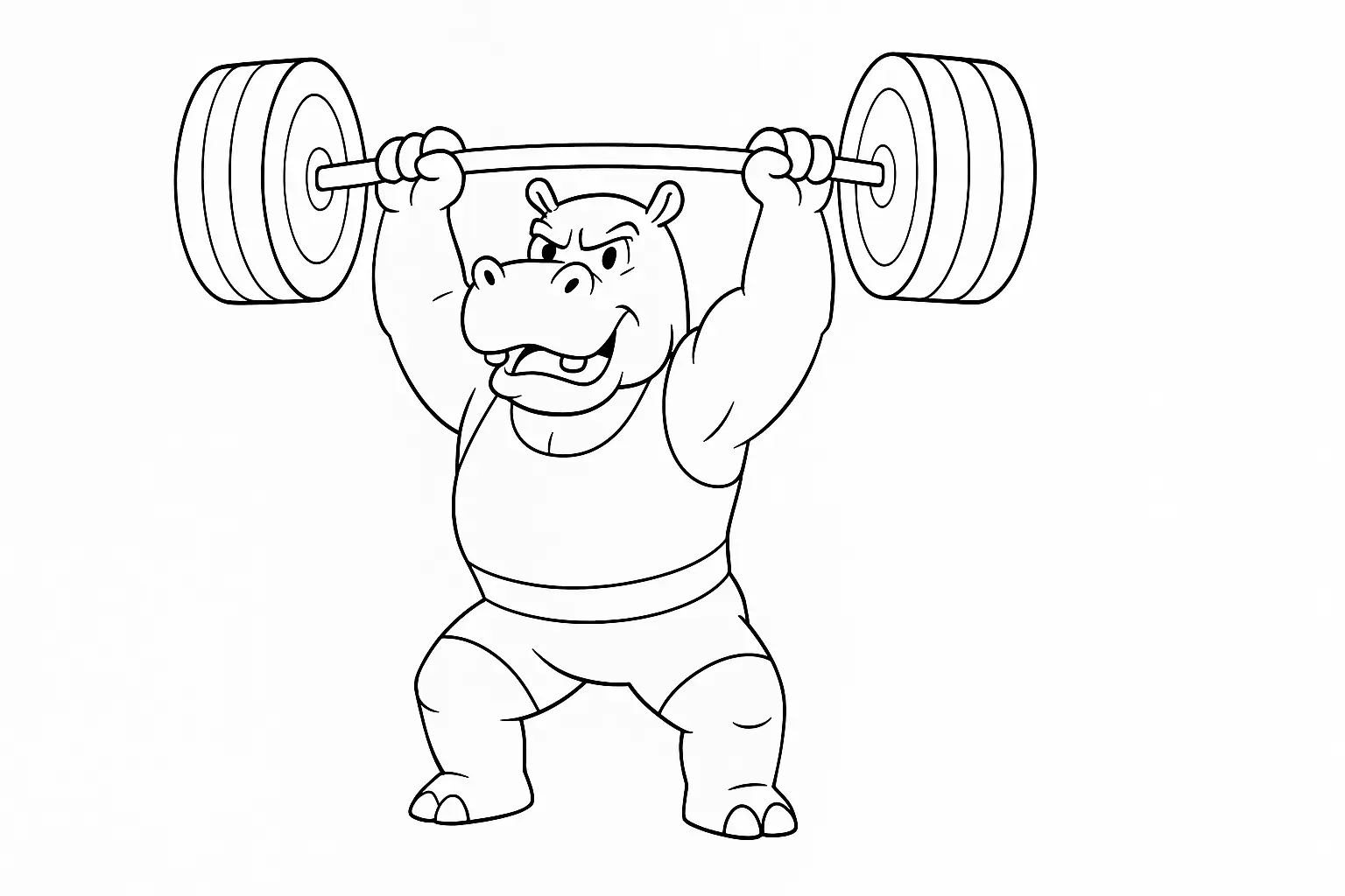 Starkes Ausmalbild: Gewichtheber-Nilpferd als PDF-Datei