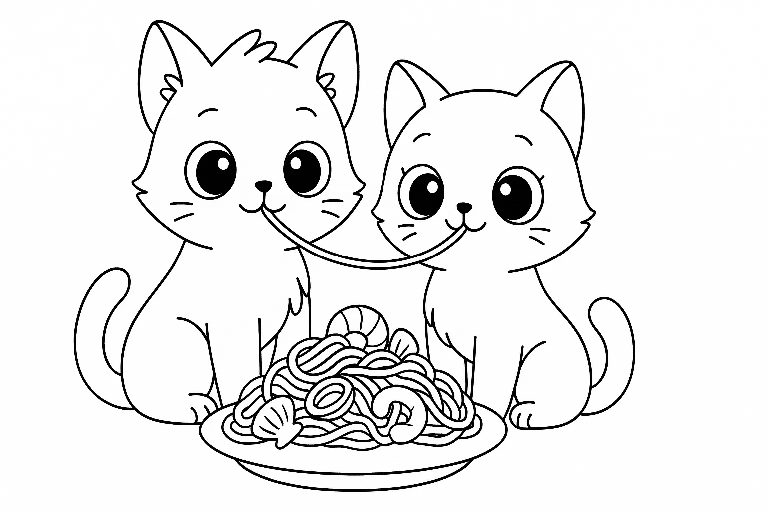 Zwei Katzen teilen Spaghetti – Ausmalbild für Kinder