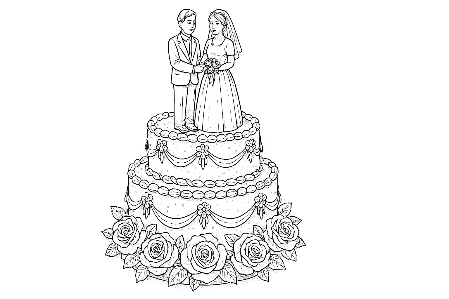 Hochzeitstorte mit Brautpaar – festliche Malvorlage als PDF