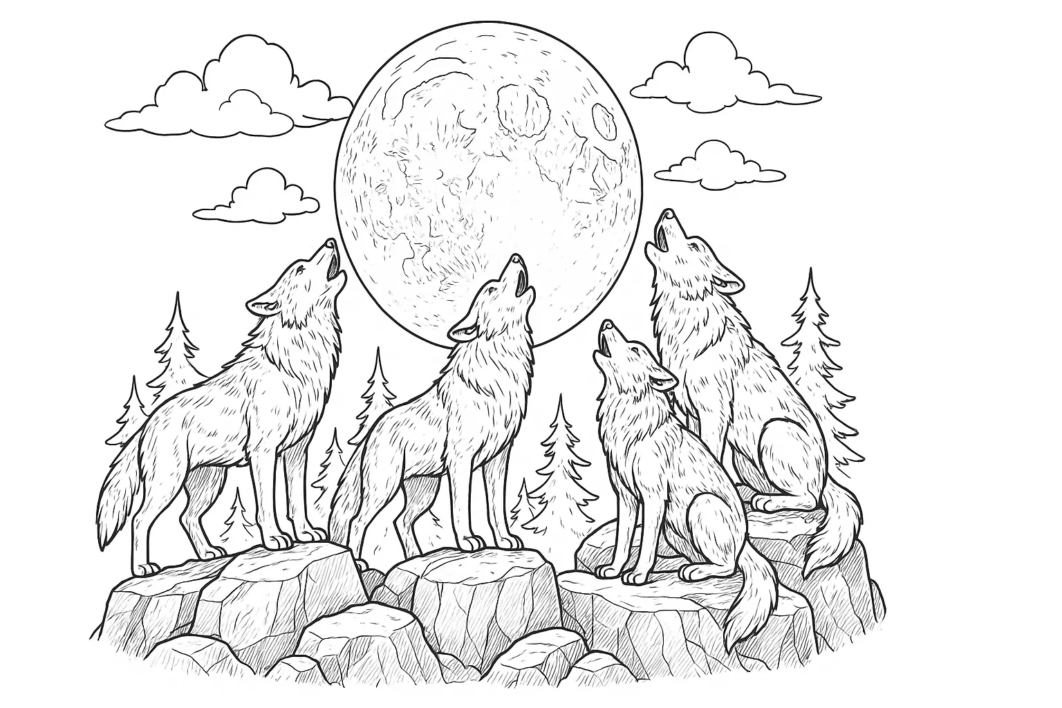 Wölfe heulen zum Vollmond – ausdrucksstarkes Ausmalbild