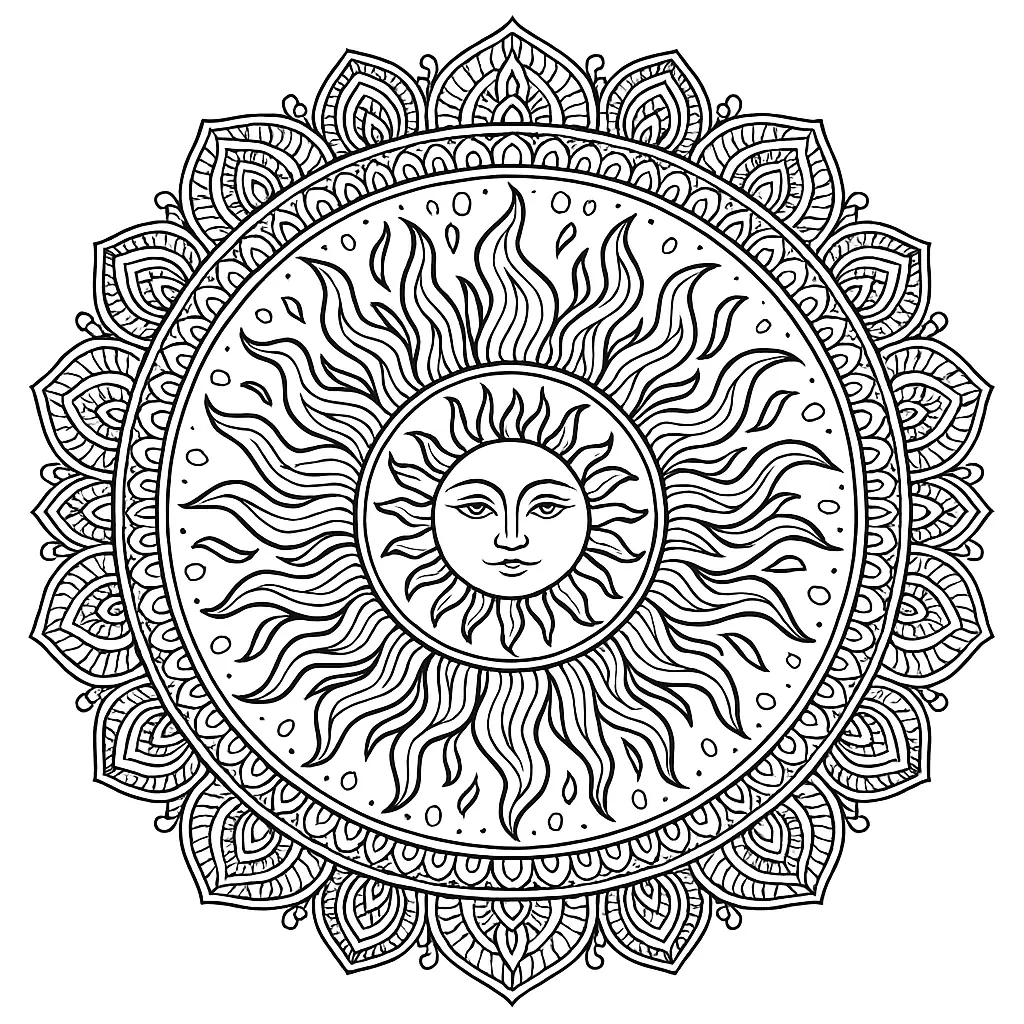 Sonne mit Flammen – Ausmalbild für Kinder